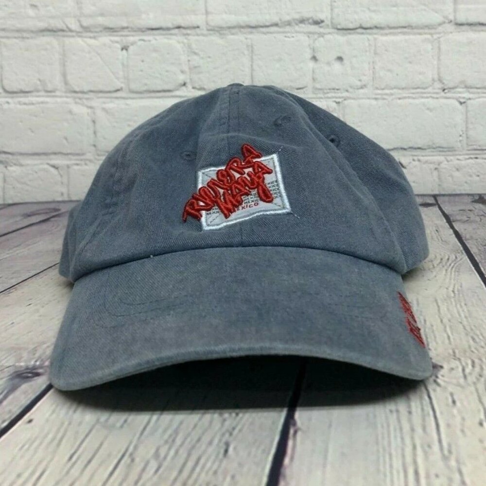 Vintage Hat Cap Strap Back Blue Riviera Maya Mexico Tourist Puff Embroidery Logo